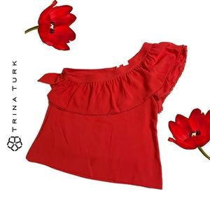 🆕 Trina Turn One Shoulder Kahe Red Orange Ruffle 100% Silk Blouse Sz L